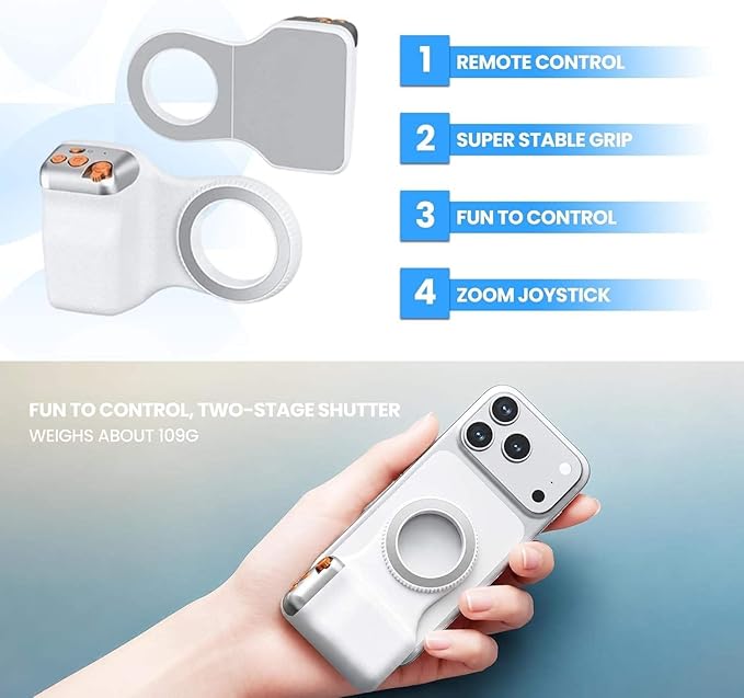 Magnetic Phone Camera Grip (foldable, Bluetooth shutter, DSLR-style handle)